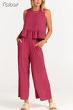 Summer Casual Sleeveless Pleated Pants Sets Wide-leg Loose Clothes 2 Piece Sets O Neck Trouser Suits Two Piece Set