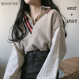 Two Pieces Sets Women Striped Shirts Single Breasted And V-Neck Sweater Vest Korean Style Chic Trendy Popular Female Ulzzang