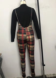 Casual Print Long Sleeve Top And Plaid Suspender Pant 2 Piece