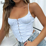 Chic Casual White Knitted Corduroy Women Bustier Croset Crop Tops 2021 Summer Mini Vest Skinny Club Sexy Strap Tank