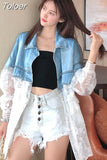New Summer Fashion Stitching Lace Embroidery Large Size Denim Jacket Women's Coat Loose Perspective Tops Denim