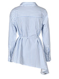 Fashion Women's Shirt V-neck Loose Single Breasted Lace Up Waist Blue Striped Irregular Blouse Summer 2023 New Tide