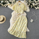 Summer Women Polka Dot Chiffon Two Piece Set Vintage V-Neck Bandage Short Tops + High Waist Mermaid Skirt 2Pcs Suits New