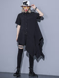 Women Black Irregular Ruffles Long Blouse New Lapel Short Sleeve Loose Fit Shirt Fashion Tide Spring Summer 2023