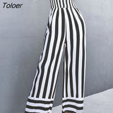 Elegant Strapless Jumpsuit Long Women Fashion Black Striped Overalls Wide Leg Rompers Backless Sexy Outfits For