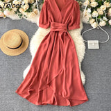 Lace-up Green Dress Women Summer 2023 Short Sleeve Ruffle Solid Woman Dress V Neck Irregular Casual Long Dresses