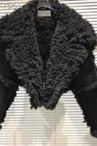 Fashion Long Sleeve Big Turn Down Collar Faux Fur Leather Black PU Jacket Women Casual Short Coat Winter