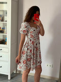 party White Print Square Neck Puff Sleeve Pleated Hem Dress Summer Backless A-line Casual Dress Women Short Dress Floral