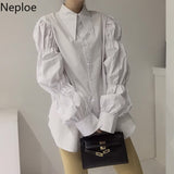 Women Blouse Chic High Street Tops Korean Vintage Turn-down Collar Loose Long Blusas Mujer Puff Sleeve White Shirt