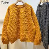 Pullovers Women Personality Triangle Rhombus Check Cotton Quilted Pullover Collapsed Shoulder Long Sleeve Loose Thick