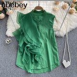 Women's Shirt French Vintage Ruffles Blouse Sexy Elegant Pleated O-neck Summer Female Sleeveless Slim Tops White