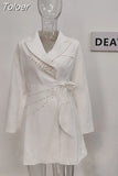 Fashion Women's Suit Dress Notched Collar Bow Lace Up Wait Spliced Pearls Pleated White Dresses Spring 2023 New