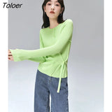Women Knit Top 2022 Spring Long Sleeves O Neck Slim Solid Matcha Green Special Design Elegant Vintage