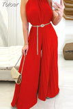 Jumpsuit Women Overalls Summer Sleeveless Pleated Wide Leg Casual Halter Tied One Piece Plain Long Jumpsuit Without