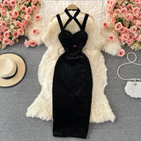 Black/Red Velvet Party Spaghetti Strap Bodycon Dress For Women Autumn Winter Halter Sleeveless Hollow Out Vestidos