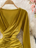 Autumn Sexy Draped Bodycon Midi Dress Women Elegant V-Neck Long Sleeve Party Robe Female Yellow/Green/Black Casual Vestidos