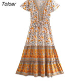 V-Neck Short Sleeve Summer Dress Floral Printed Bohemian Maxi Dresses Casual Beach Women Clothing 2023 Female