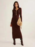New Women's Dress French Retro Solid Color V-Neck Long-Sleeved Bag Hip Knitted