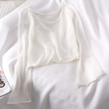 Women Summer Thin Knitting Solid Color O-neck All-match Sun-proof Sexy Flare Sleeve Outerwear Female Tops Simple