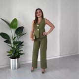 Women's Temperament Elegant Solid Color V-Neck Sleeveless Vest High-Rise Broad Leg Trousers