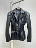 Fashion Women's Blazer Notched Collar PU Patchwork Knitted Super Waist Silhouette Suit Jackets Spring 2023 New