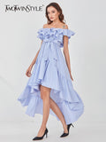 TWOTWINSTYLE Striped Ruffle Trim Irregular Hem Dress For Women Slash Neck Short Sleeve High Waist Blue Dresses Female 2022