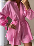 Autumn Lace-Up Robes Tops Two Pieces Set Womens Casual Loose High Wiast Shorts Set Elegant Pink Home Suit With