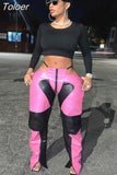 Colorblock PU Leather Pants Streetwear Women 2023 Fashion Sexy Cut Out Low Rise Straight Pants Rave Club Wear