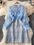 Chiffon Splice Midi Dress Summer Women 2022 Zipper Beading Long Sleeves Ladies Sexy A Line Elegant Slim