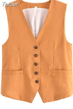 MODA 2023 Summer Women Fashion Front Button Fitted Waistcoat Vintage Sleeveless Welt Pockets Female Outerwear Chic Vest