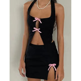 Outfit Aesthetic Women Streetwear Sleeveless Square Collar Crop Top and Mini Skirt 2000s Fairycore Grunge Clothes