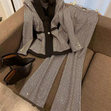 2022 Runway Designer Elegant Women's Sexy Sequin Single Button Plaid Blazer And OL High Waist Flare Pants Business