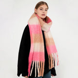 Women's Winter Warm Pink Plaid Fringe Rainbow Scarf Imitation Cashmere Wool Warm Long Scarf Shawl