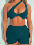 Spring Fitness Workout Women Two Piece Set Diagonal Collar Sleeveless Hollow Ribbed Top+Biker Shorts Tracksuit Sportwear