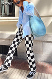 MODA Summer Women Sweet Fashion Check Print Pant Vintage Long Sleeve Back Zipper Female Streewear Pants