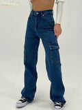 Fashion Blue Denim Jeans Woman Casual High Waist Straight Cargo Pants Streetwear Full Length Pockets Trousers