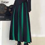 Fashion Striped Mixed Color Long Skirt Women High Waist Elegant Woman Pleated Skirt Spring Knitted Faldas Largas