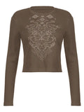 Rib Long Sleeve Printed Crop Top-Outfit