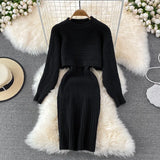 Beading Knitted Women Sets Loose Long Sleeves Sweater+ Solid Elastic Dress French Style Casual Two Piece