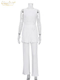 Summer Sexy Sleeveless Lace-up Shirt Two Piece Set Women Elegant High Wiast Pants Set Casual White Pleated Trouser
