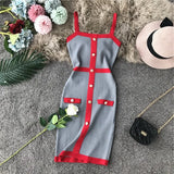 Color Striped Tight Stretchy Knit Tank Dress Single Breasted Buttons Ladies Party Sexy Body-con Step Knit