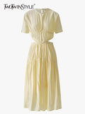 TWOTWINSTYLE Cut Out Yellow Dress For Women Round Neck Short Sleeve High Waist Solid Minimalist Summer Dresses Female