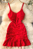 New Sexy V-neck Spaghetti Strap Sleeveless Mini Bodycon Dress Summer Women Slim Waist Drawstring Ruched Ruffles Party