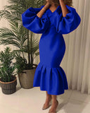African Large-Size Women's Fashion Pure-Color V-Neck Bubble Long-Sleeved Fishtail Skirt
