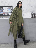 Wide Leg Pants Ruffles Big Size Two Piece Suit New Lapel Long Sleeve Black Loose Women Fashion Spring Autumn 2023