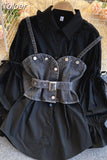 Two Pieces Outfits for Women Vintage Shirts Fashion Puff Sleeve Blouses Loose Denim Shirt Jeans Tops Vest Korean 2 Piece