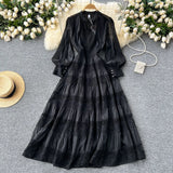 Retro V-Neck Lace To Receive Waist Long Sleeve Dress Female Thin High Sense Elegant Long