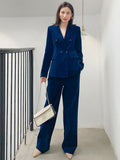 Wide Leg Pants Velvet Two Piece Suit New Lapel Long Sleeve Blue Loose Fit Women Fashion Tide Spring Autumn 2023