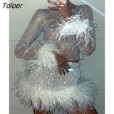 Shiny See-through Mesh Feather Long Sleeve O-neck Bodycon Package Hip Two Piece Set Party Night Club Dress Sets with