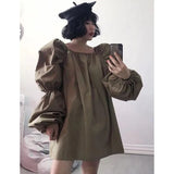 Women Khaki Big Size Mini Dress New Square Collar Long Puff Sleeve Loose Fit Fashion Tide Spring Autumn 2023